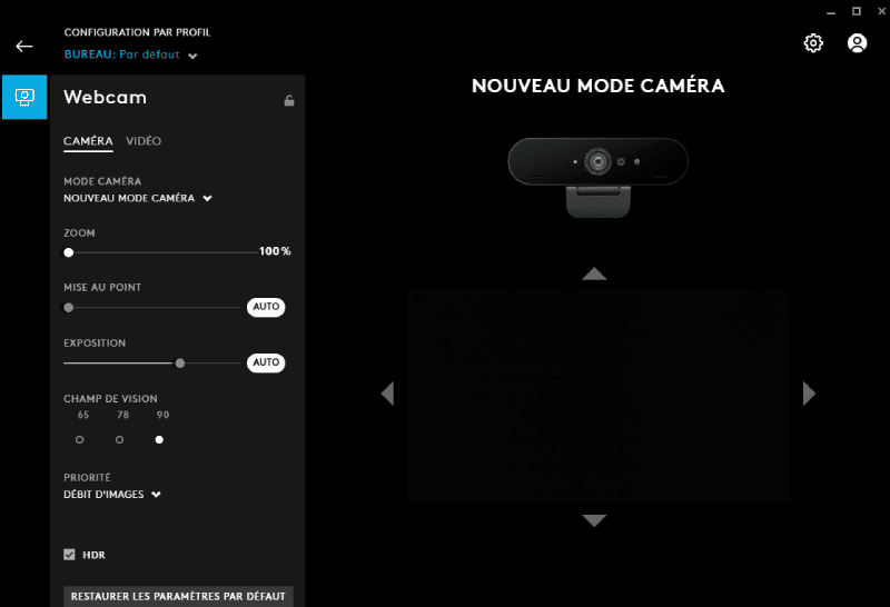 Logiciel G Hub de Logitech pour contrôler la Webcam Ultra HD Brio
